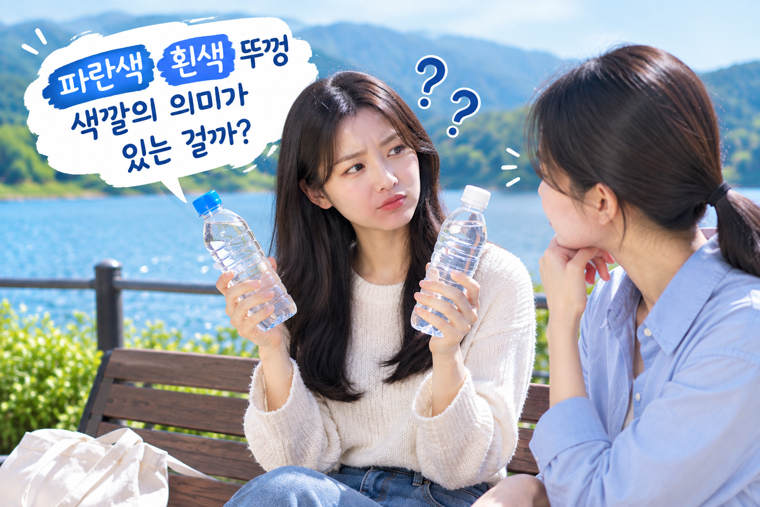 생수 뚜껑 색깔로 인한 의미를 묻는 2명의 여성의 이미지