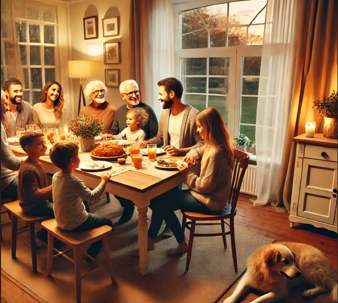 식탁에 둘러 앉은 단란한 가족의 모습