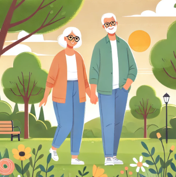 건강한 노인부부의 공원 산책 장면