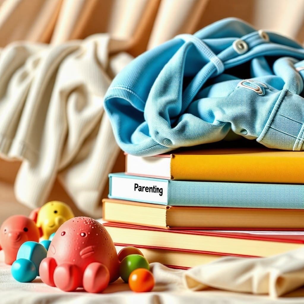책과 아기용품: 아기 옷, 장난감과 함께 놓인 육아 관련 책들, 따뜻한 색감의 배경.