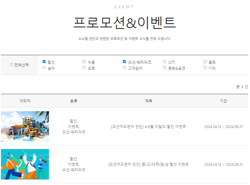 천안 소노벨 워터파크 프로모션 확인 예시