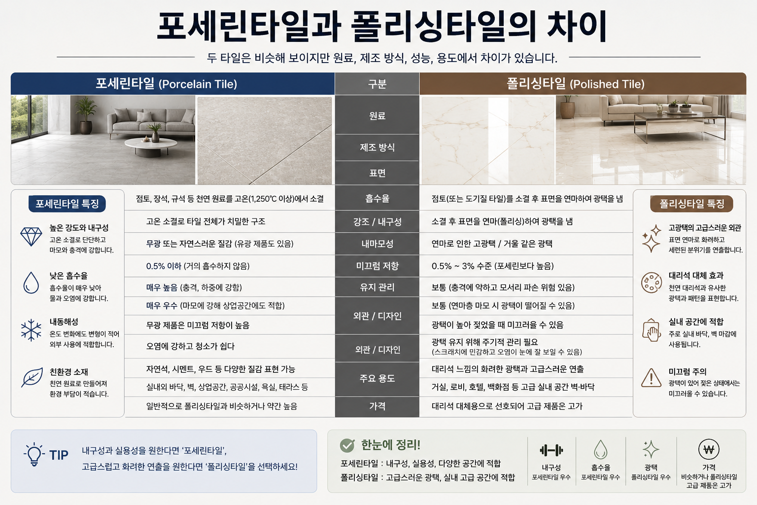 포세린타일과 폴리싱타일의 차이