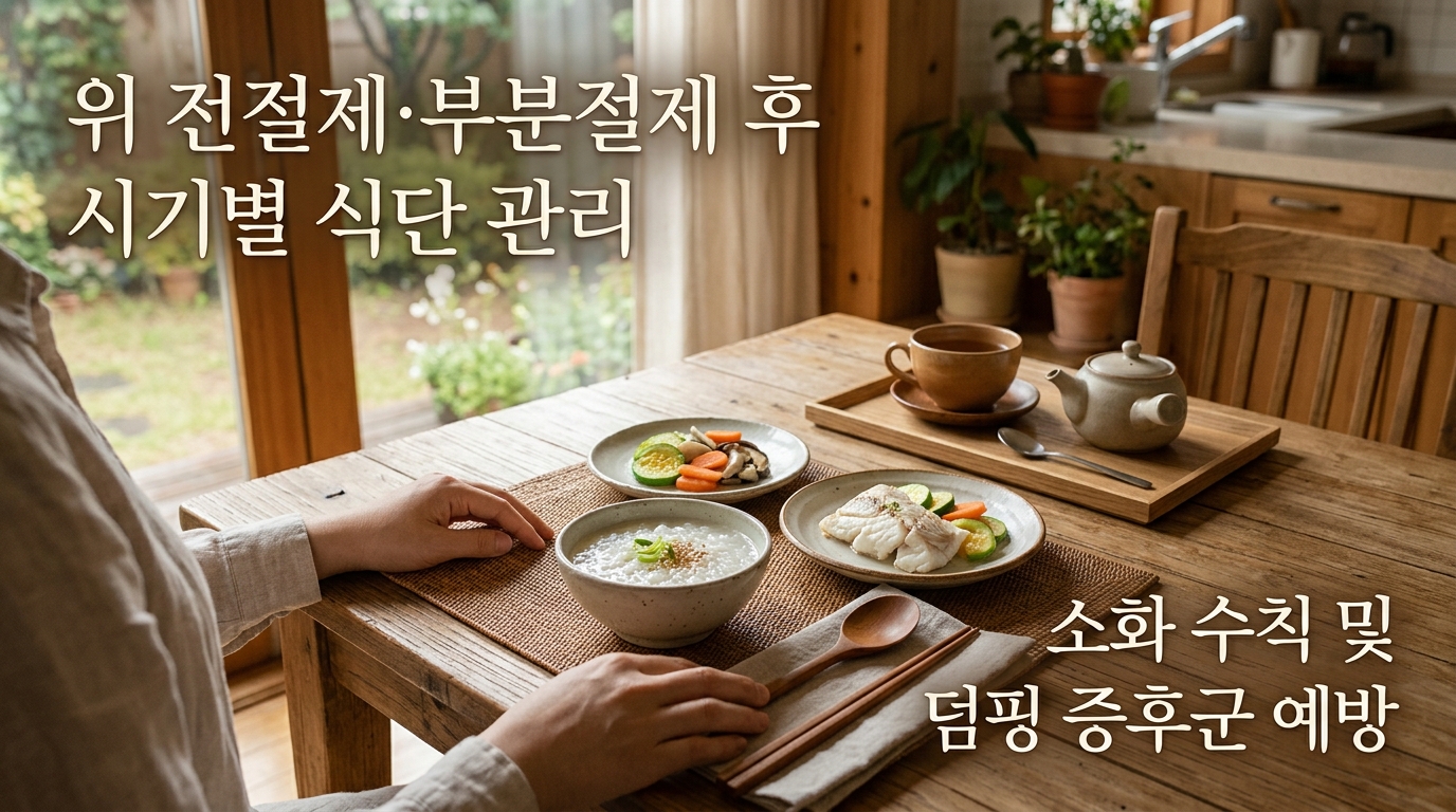 햇살이 비치는 아늑하고 정돈된 식탁 위에 위 절제 수술 후 회복을 위한 소량의 부드러운 죽, 생선살, 익힌 채소가 깔끔하게 차려져 있으며 식사와 물이 따로 분리되어 있는 모습. '위 전절제&middot;부분절제 후 시기별 식단 관리', '소화 수칙 및 덤핑 증후군 예방'이라는 문구가 적혀 있어, 위 절제술 후 올바른 식사 관리의 중요성을 시각화함.