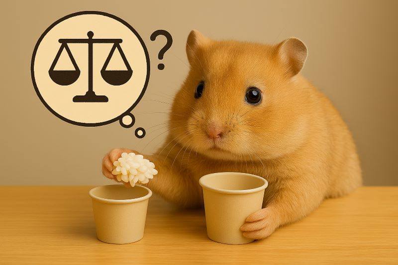 1인분 계량을 고민하는 귀여운 햄스터 캐릭터, 종이컵과 손바닥으로 정확한 분량 맞추기"