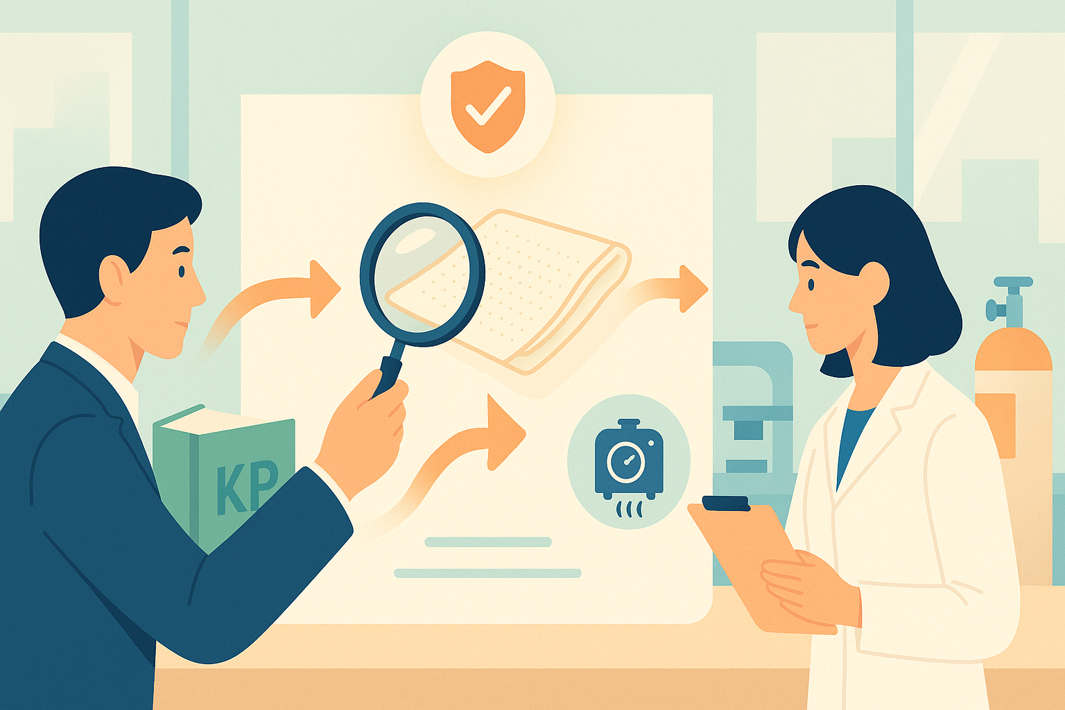 의약외품 거즈 허가 서류 작성을 상징해 한국 전문가들이 실험실 분위기의 사무공간에서 거즈 구조와 멸균 공정을 점검하는 일러스트로, KP 기준과 레이욘·면사 혼방 원료 규격, 형상시험·회분시험·EO 멸균 검증 등 품목허가 기준 및 시험방법을 시각적으로 표현한 가로형 배너 이미지.