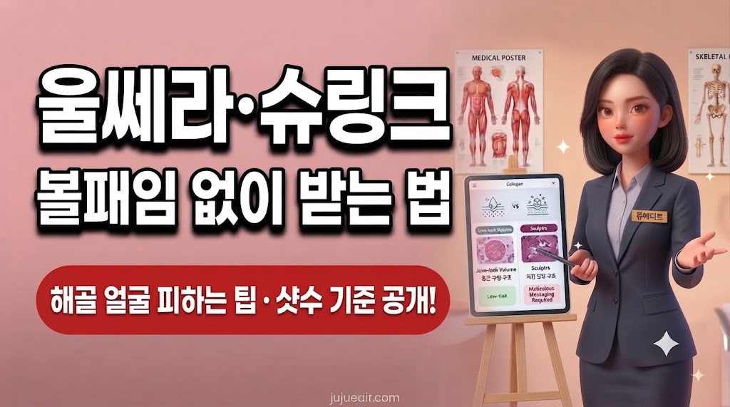 울쎄라와 슈링크 유니버스의 핵심 원리, 타깃층, 통증 양상, 다운타임, 주의 대상을 비교한 인포그래픽