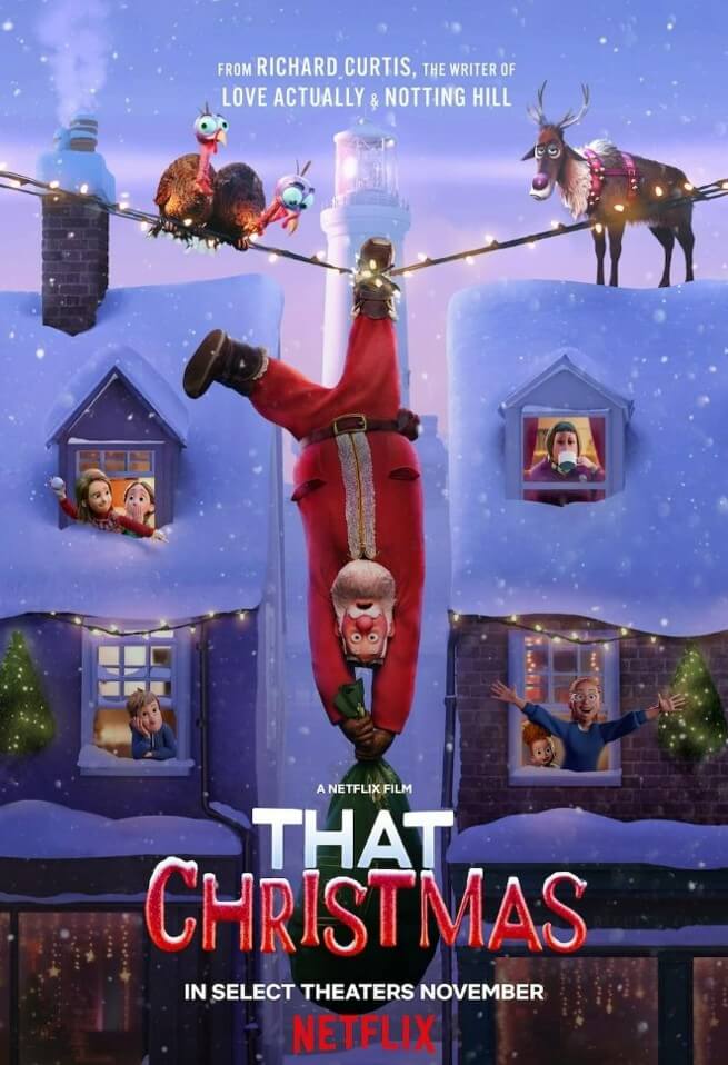 산타가 역방향으로 매달린 모습이 중심인 That Christmas 공식 포스터