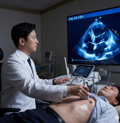 심장 초음파 검사로 심장 구조와 박동을 확인하는 의료 장면
