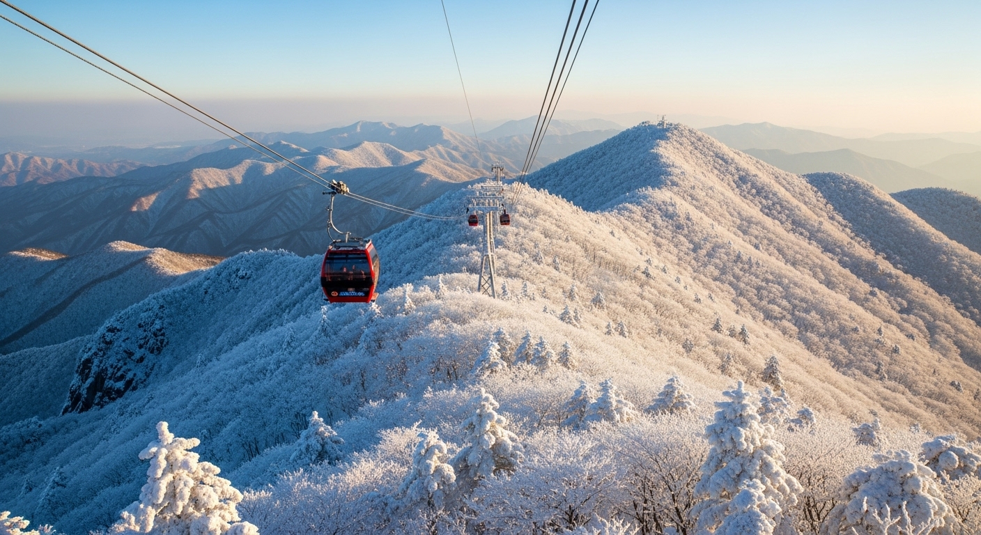 눈 덮인 덕유산 설경 위로 케이블카가 오르는 모습, 겨울 산의 고요하고 웅장한 아름다움을 담은 풍경.