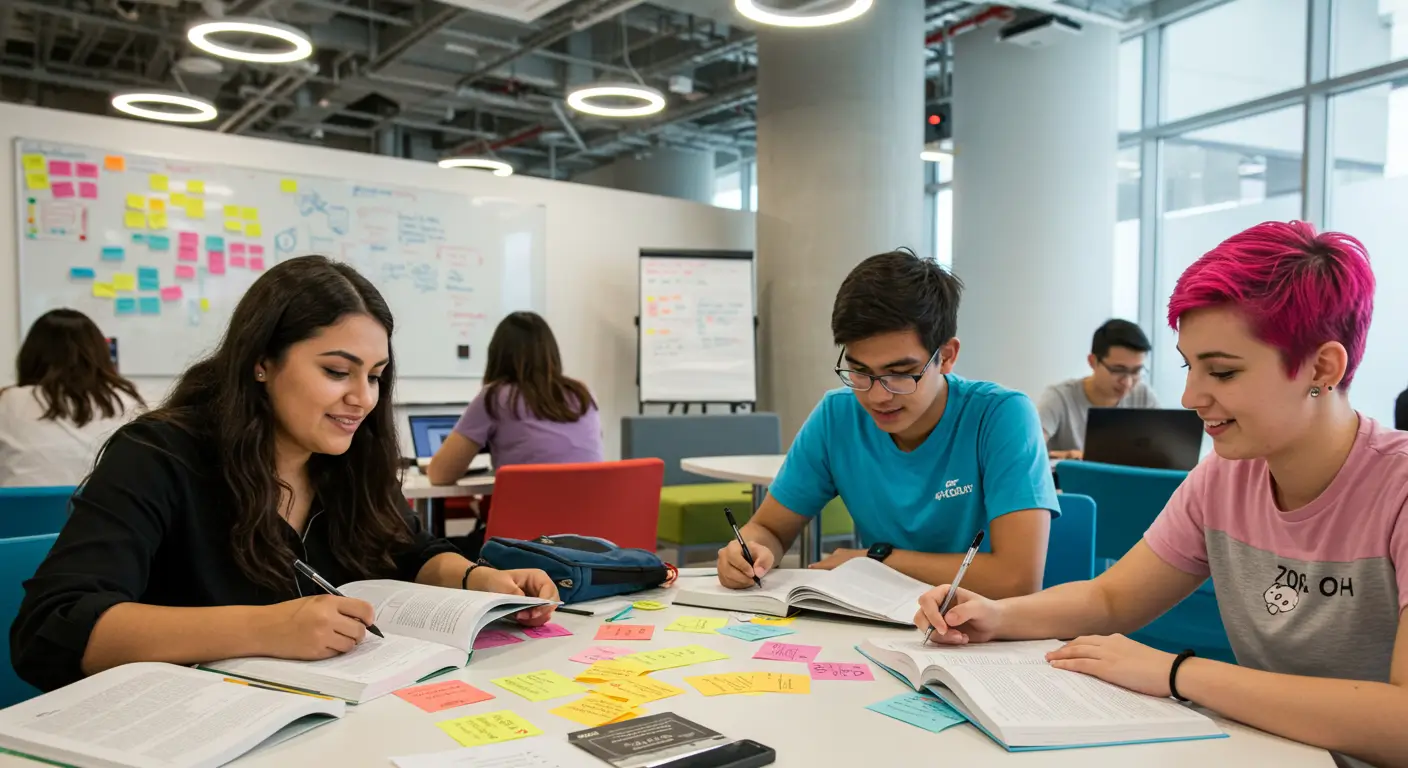 현대적인 도서관이나 코워킹 스페이스에서 교과서, 노트북, 필기 등으로 둘러싸여 다양한 국적의 젊은 성인들이 함께 영어를 공부하는 활기찬 사진