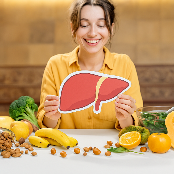 "밝은 표정의 여성이 다양한 간 건강 식품이 놓인 식탁 앞에서 간 모양 모형을 소중히 들고 있는 모습. 건강한 식습관과 간 관리의 중요성을 시각적으로 표현한 이미지"