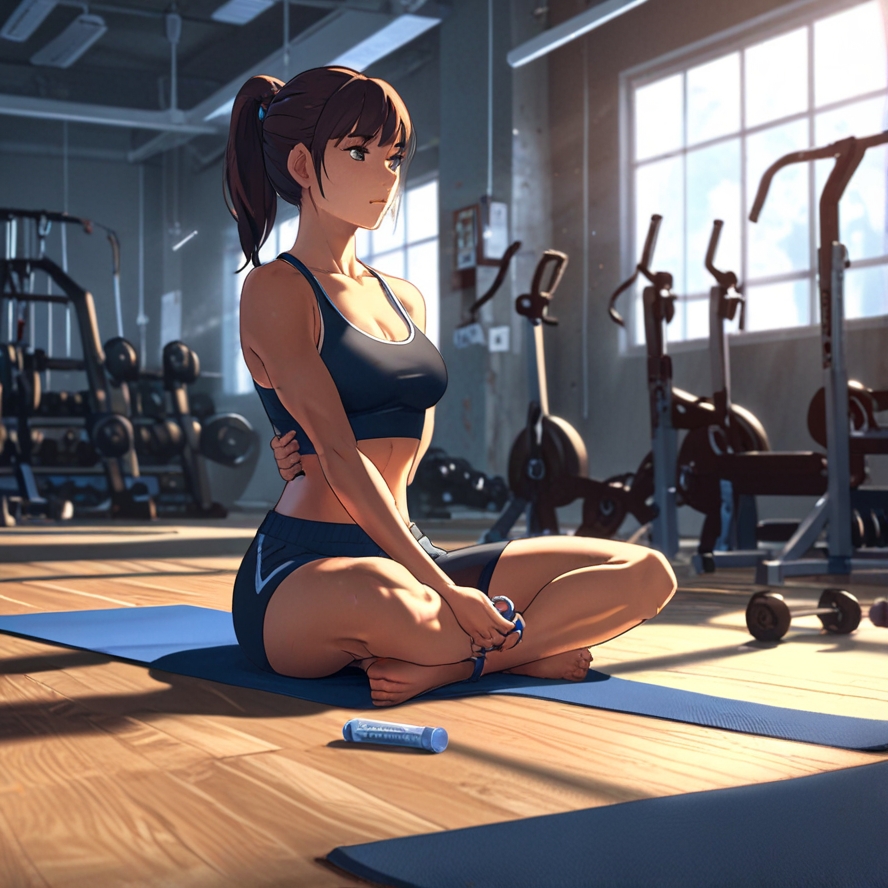 "강도 높은 HIIT 운동 후 스트레칭을 하는 한국인 여성. 땀이 맺힌 얼굴로 조용한 체육관에서 근육 이완을 돕는 쿨다운 운동을 수행 중. 홈트, 릴렉스, 운동 후 회복, 유연성 향상, 부상 방지를 위한 필수 스트레칭."