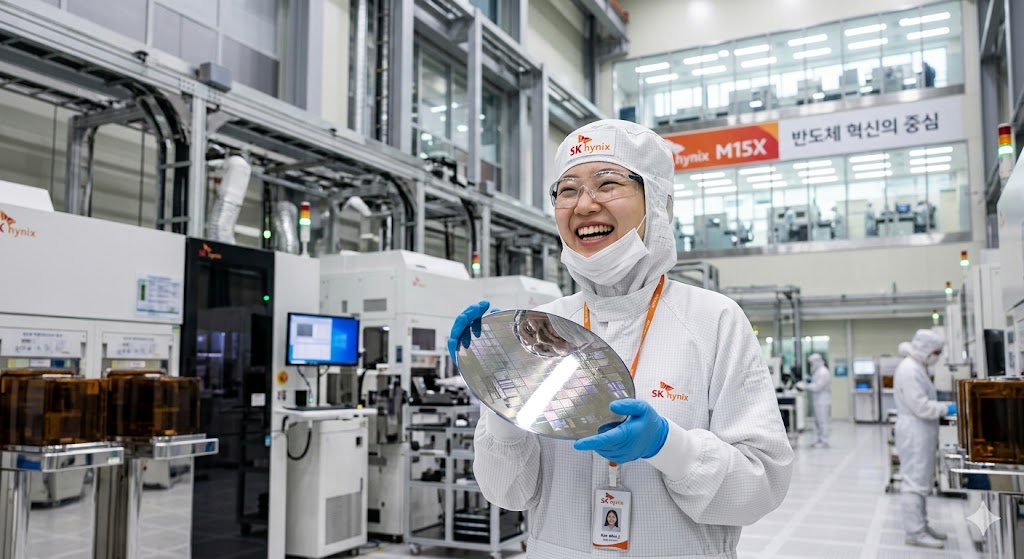 SK하이닉스 M15X 신공장 전경이나 웨이퍼를 들고 웃는 연구원의 모습