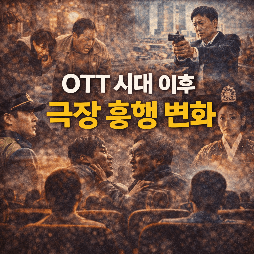 OTT 확산 이후 한국영화 극장 흥행 변화를 상징적으로 표현한 이미지로, 극장 관객 실루엣과 다양한 장르의 한국영화 장면이 혼합되어 있으며 중앙에 &lsquo;OTT 시대 이후 극장 흥행 변화&rsquo;라는 제목이 강조되어 있다.