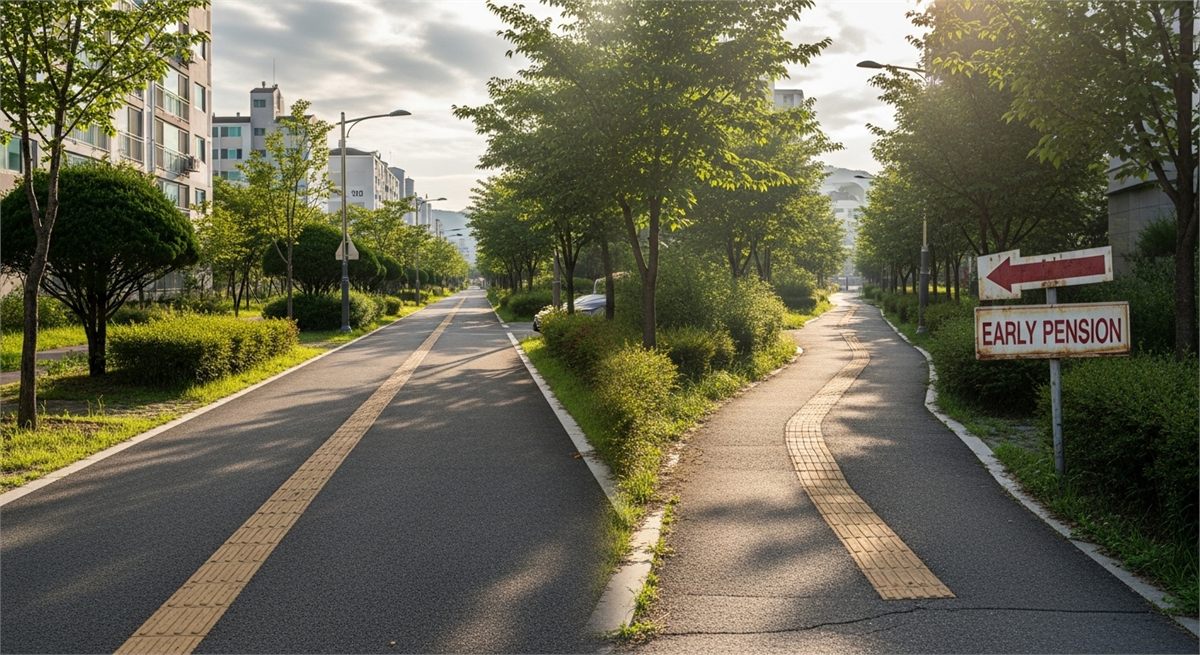 정상수령과 조기수령 선택을 상징하는 갈림길 풍경