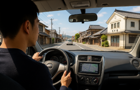 일본 소도시에서 운전하는 모습입니다.