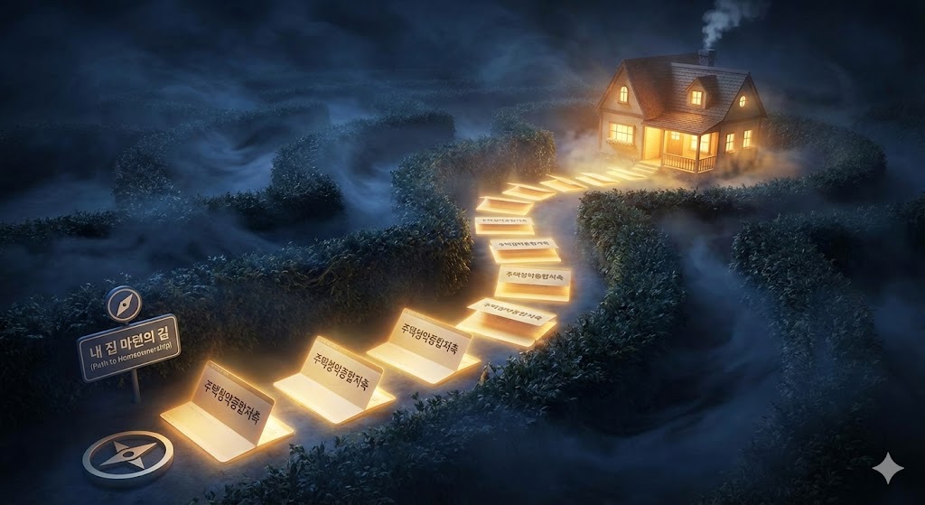어두운 미로를 지나 밝게 빛나는 '내 집'으로 연결된 징검다리 역할을 하는 청약통장 일러스트