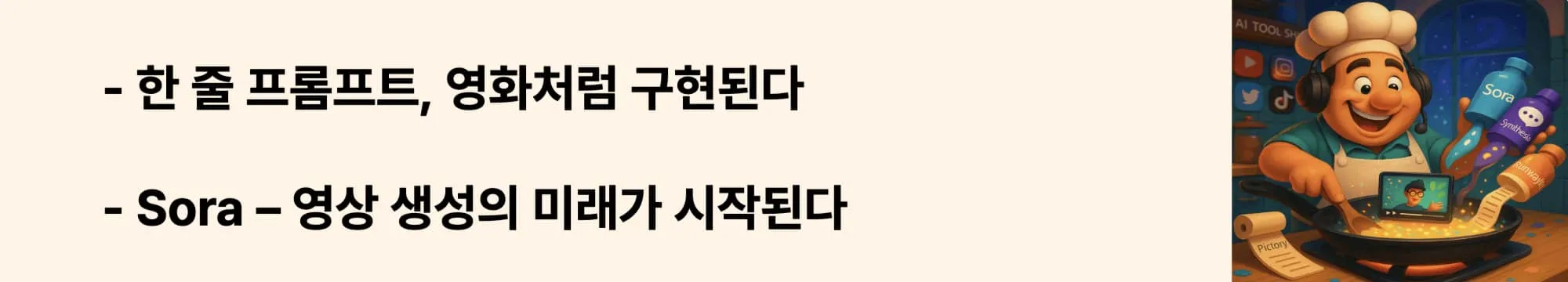 ‘Sora – 영상 생성의 미래가 시작된다’라는 문구가 포함된 웹배너 이미지. 이 이미지는 OpenAI의 Sora 툴을 활용한 고품질 AI 영상 생성의 특징과 전략적 활용법을 시각적으로 전달하며, 블로그의 Sora 소개 및 사용법 주제와 관련된 내용을 설명함 (sora ai video, openai, text to video)