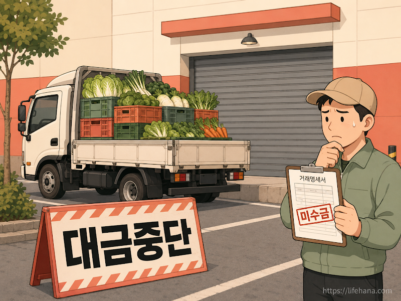 청정 농산물 패키지 상자 앞에서 스마트폰으로 정부 글로벌 성장패키지 적격 여부를 스크리닝하는 젊은 농가 사장님의 모습 일러스트