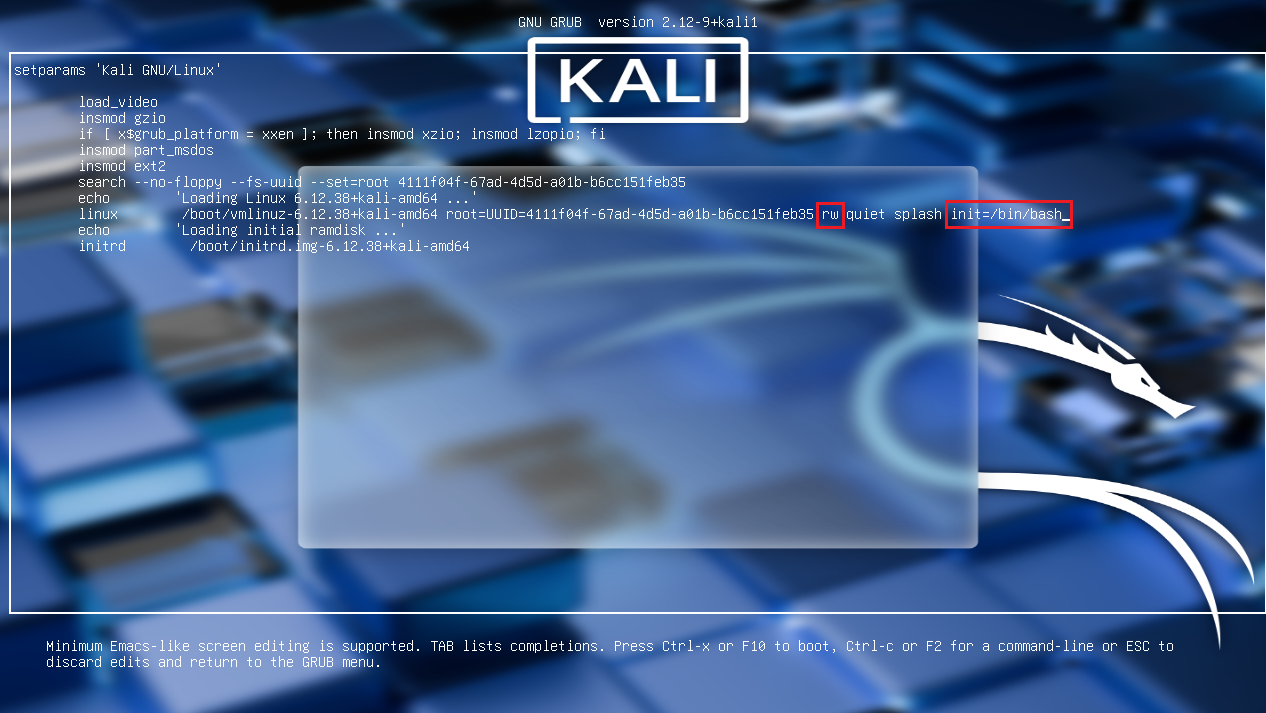 linux 라인에서 ro를 rw로 변경하고 맨뒤에 init=/bin/bash를 붙인 이미지