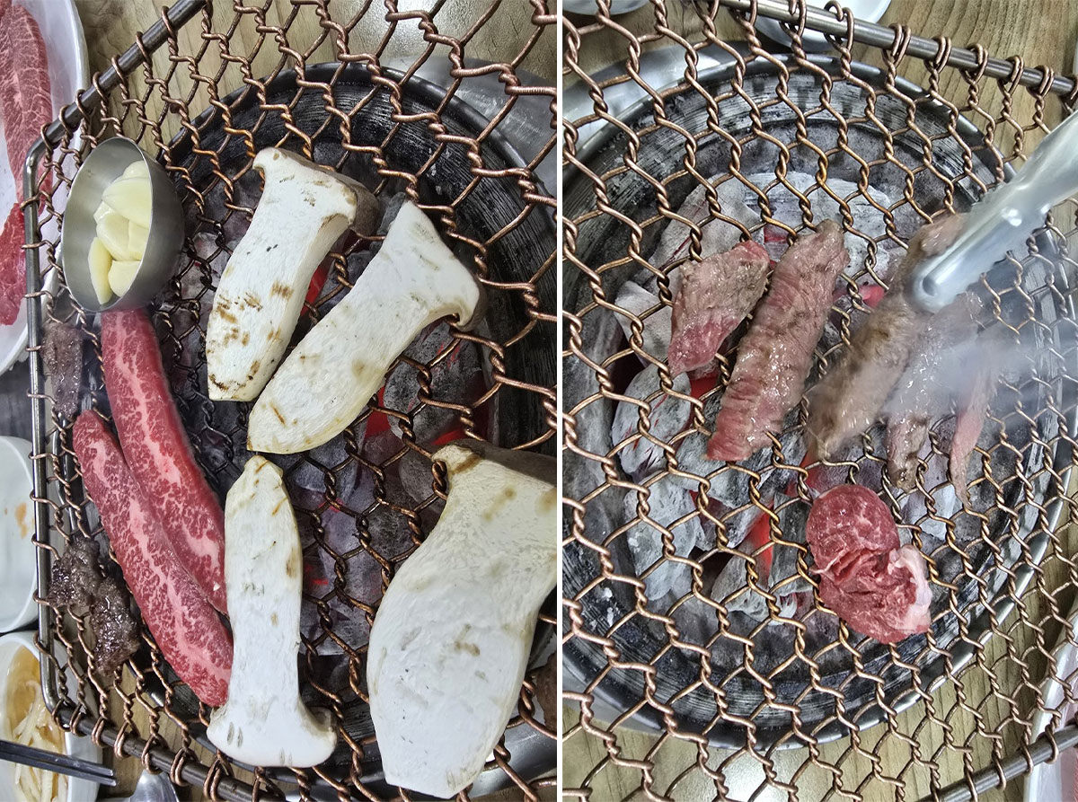 한우 숯불에서 맛있게 구워지고 있어요.