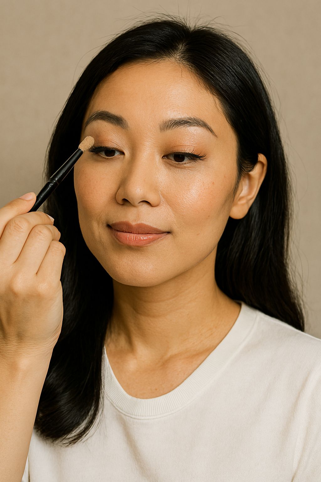 간단한 메이크업으로 변신 중인 40대 여성