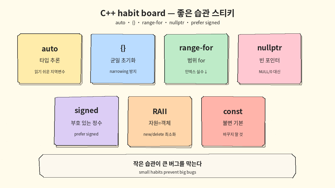 Habit board (auto &middot; {} &middot; range-for &middot; nullptr)