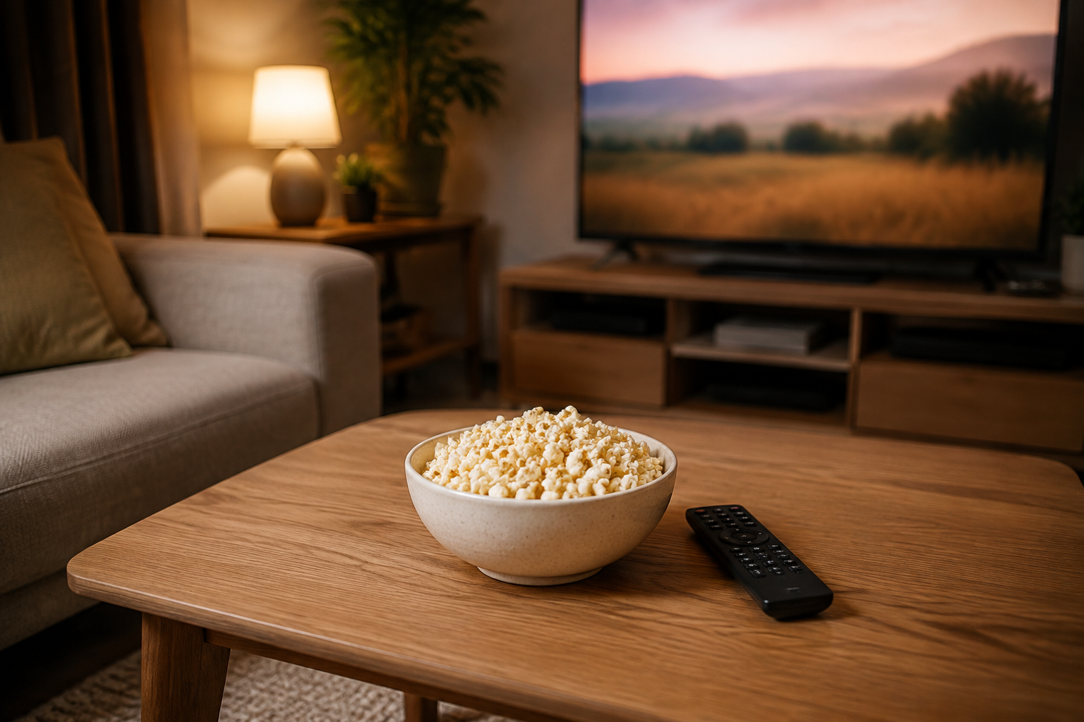 거실 원목 테이블 위에 놓인 팝콘 한 그릇과 TV 리모컨