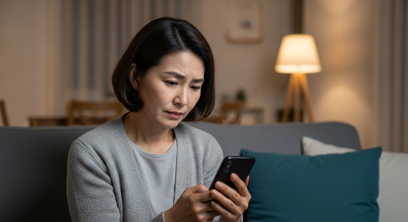 일상 속에서 로맨스 스캠이 의심되는 메시지를 보고 잠시 고민하는 순간을 표현한 장면