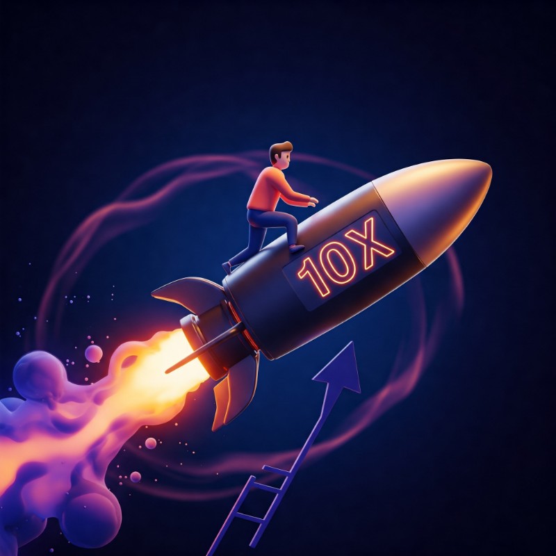 사다리 대신 로켓을 타고 하늘로 도약하는 사람의 3D 일러스트, 로켓에 '10X' 라벨 부착