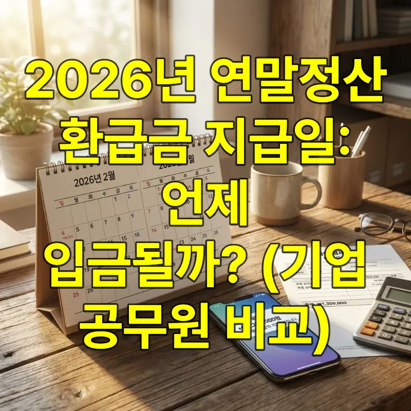 2026년 2월과 3월 달력 위에 놓인 스마트폰에 연말정산 환급금 입금 알림이 떠 있는 책상 모습
