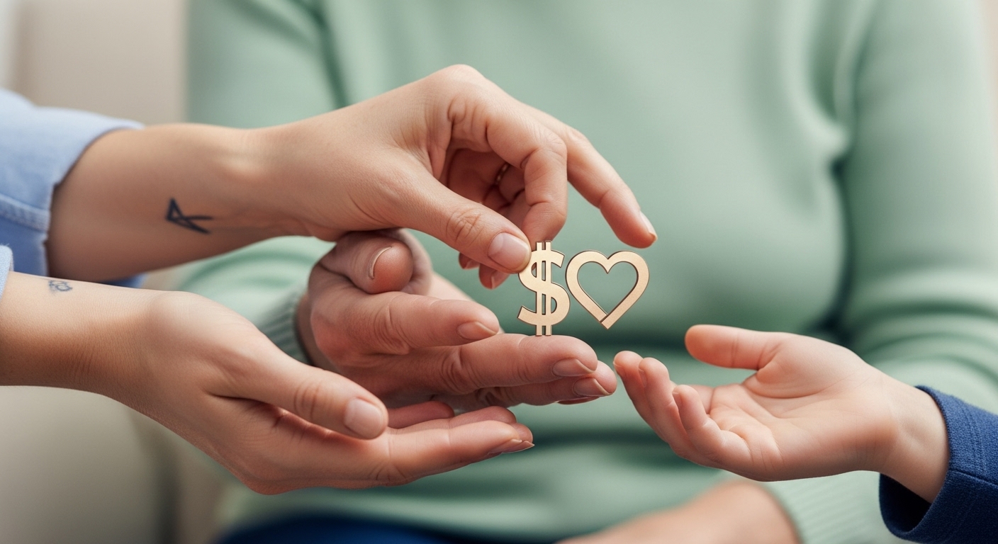 성인과 노인의 손이 떨리는 손에 재정 지원을 상징하는 작은 기호를 건네는 모습, 정신건강 치료비 지원을 시각화함.