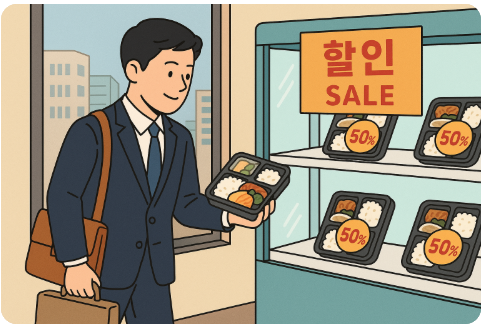 퇴근 후 마감할인 상품 구매하는 직장인