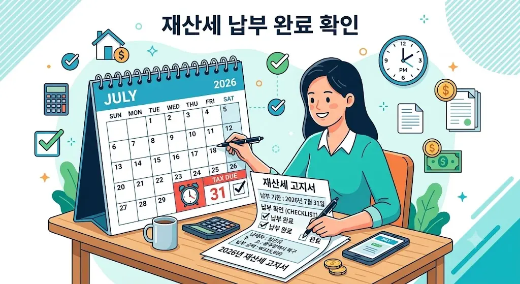 재산세 고지서와 달력, 손으로 체크하는 모습, 깔끔한 인포그래픽 스타일