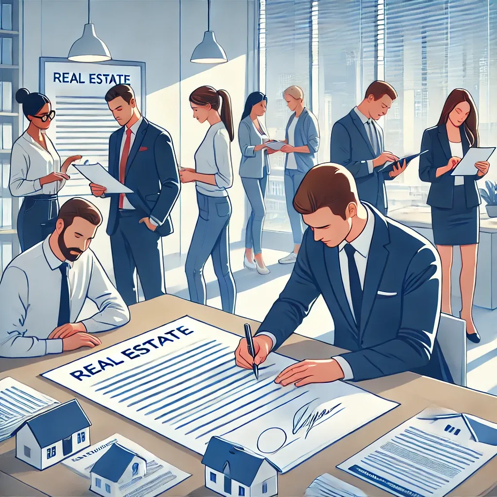 사람들이 부동산 계약서를 검토하고 서명하는 모습