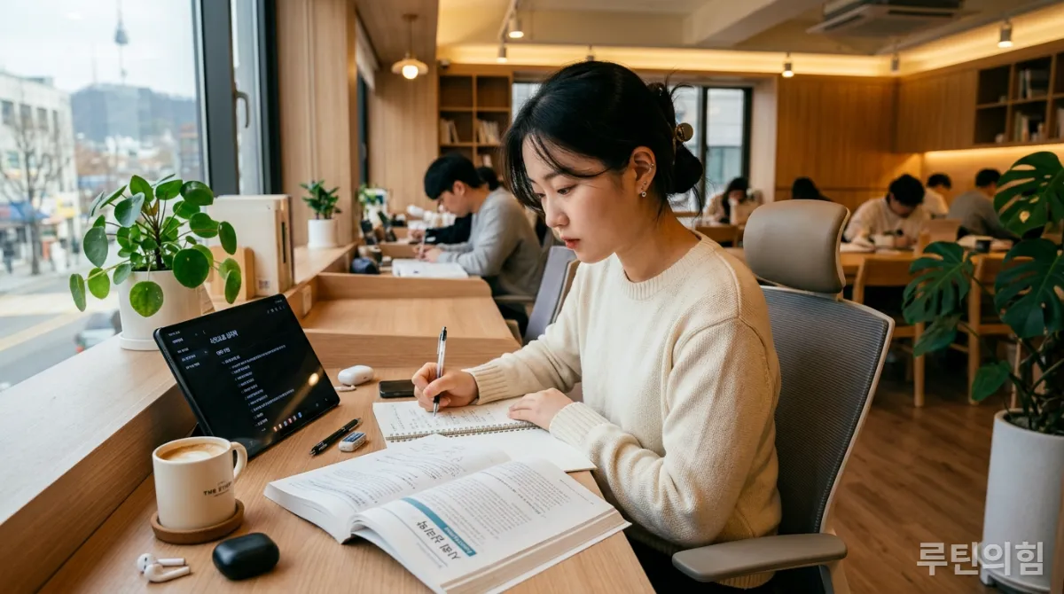 한국의 스터디 카페에서 집중하여 공부하는 한국 학생, 향상된 인지 능력을 상징함.