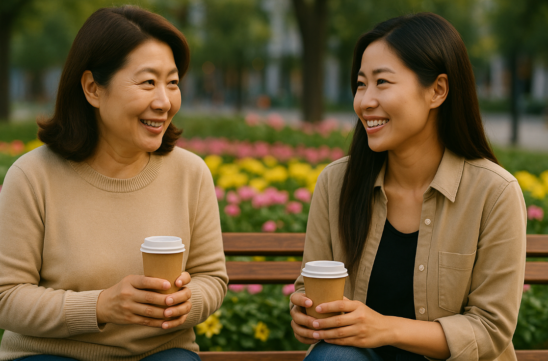 공원에서 자유로운 분위기의 멘토링 모습