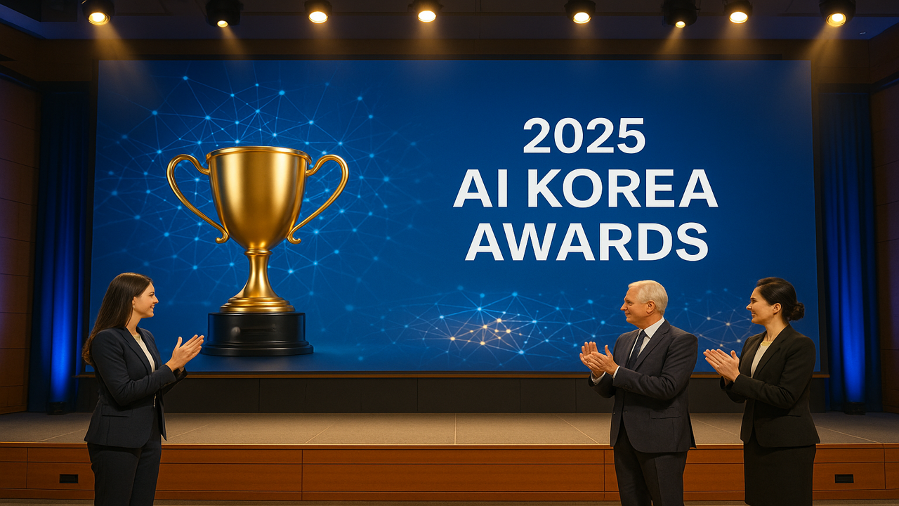 2025 AI 코리아 어워즈 시상식 무대에서 황금 트로피와 박수치는 정장 차림의 인사들이 조명 아래 포착된 장면