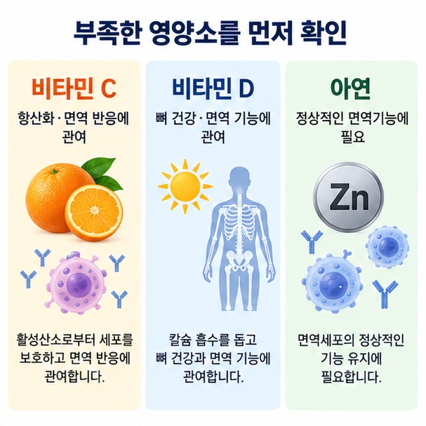 비타민 C, 비타민 D, 아연의 면역 기능 관련 역할과 확인할 점을 비교한 이미지