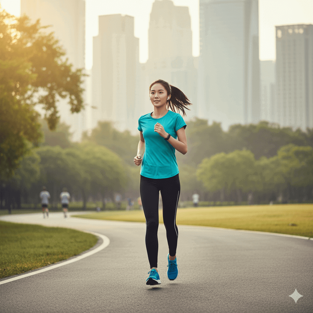 뛰는 여성, 공원, 달리기, 숨차다