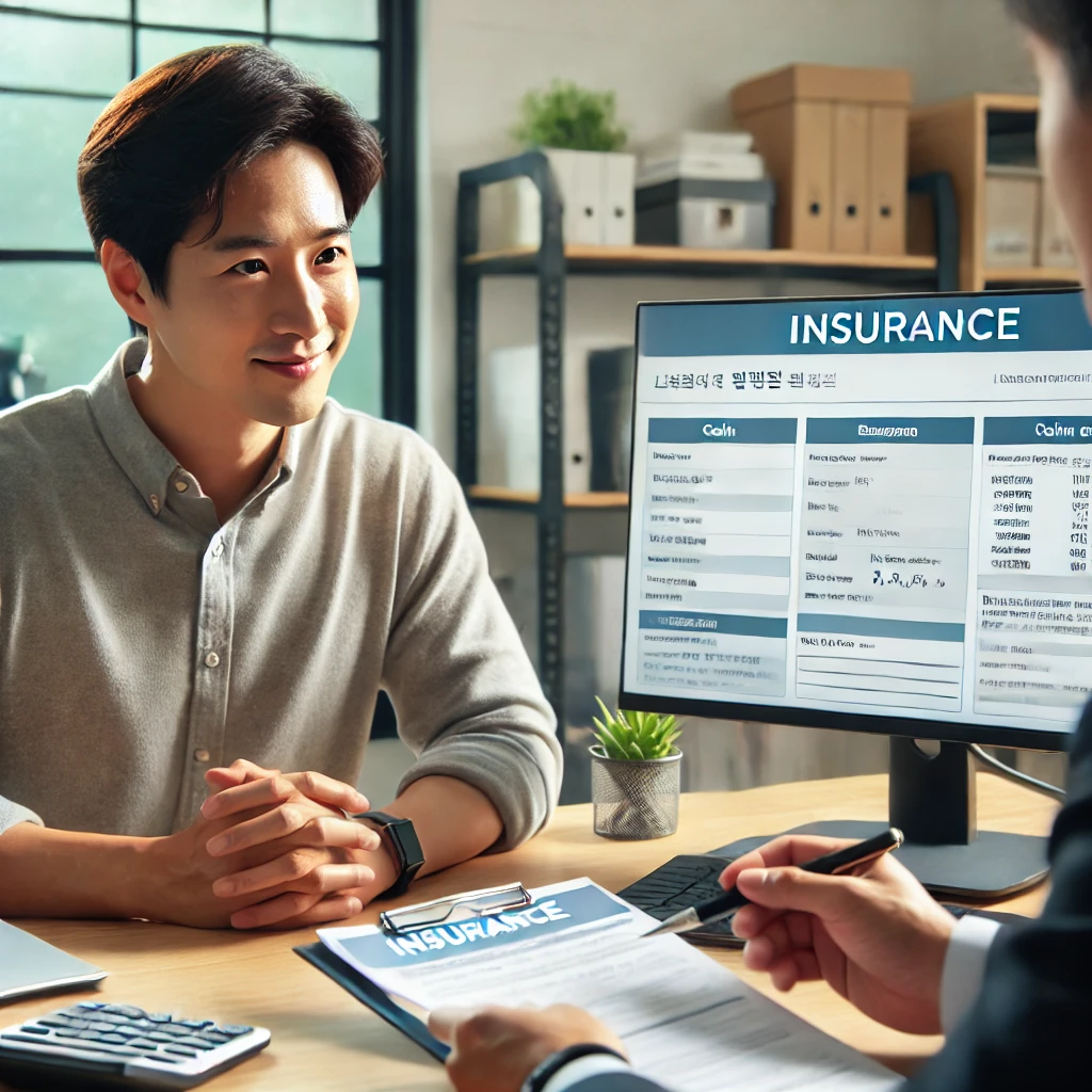 보험 창구에서 상담원과 대면하며 보험 서류를 검토하고 있는 한국 남성, 디지털 화면과 정리된 서류가 함께 보이는 장면