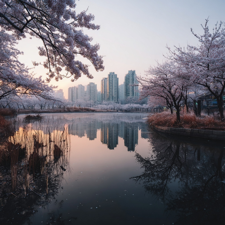 봄날의 아침 호수