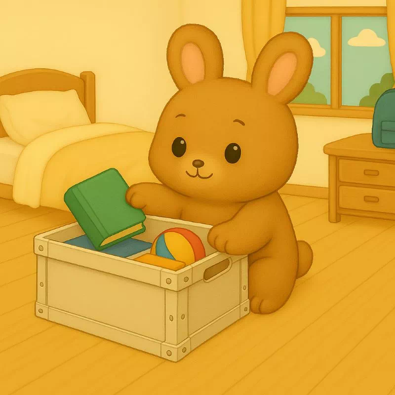 "폴딩 박스를 활용해 책과 잡동사니를 정리한 모습"