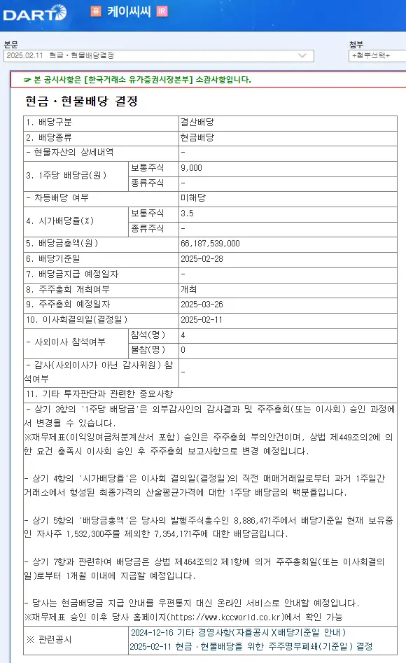 KCC(002380) 2025년 배당