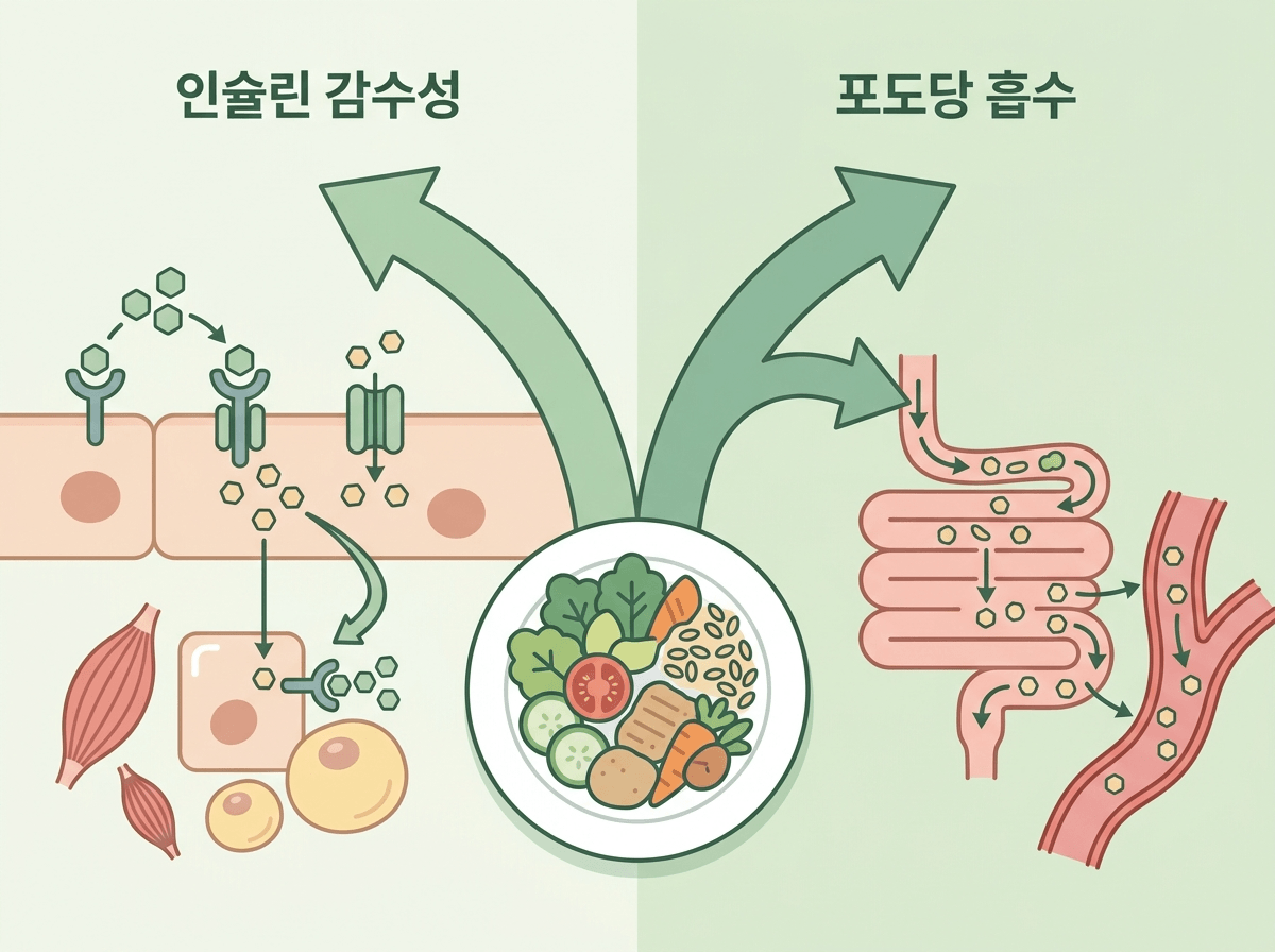 인슐린 감수성 경로와 포도당 흡수 경로 구분 도식