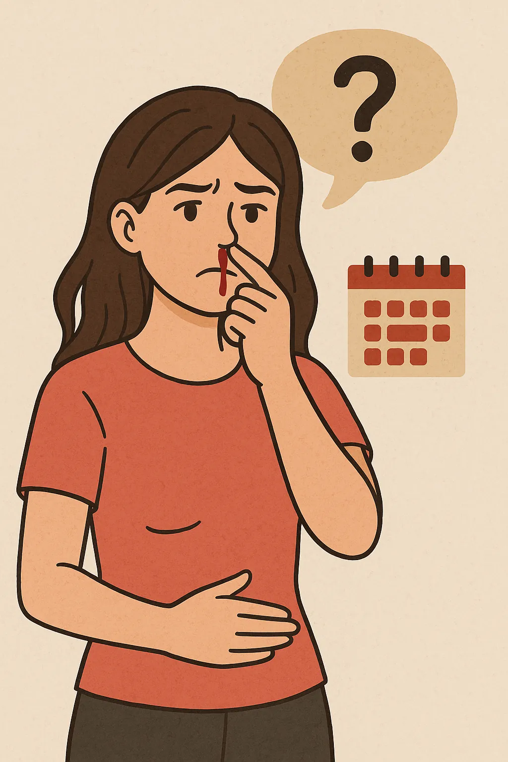 생리-시작-전-코피가-나는-이유를-고민하는-여성이-달력과-물음표-아이콘과-함께-표현된-일러스트