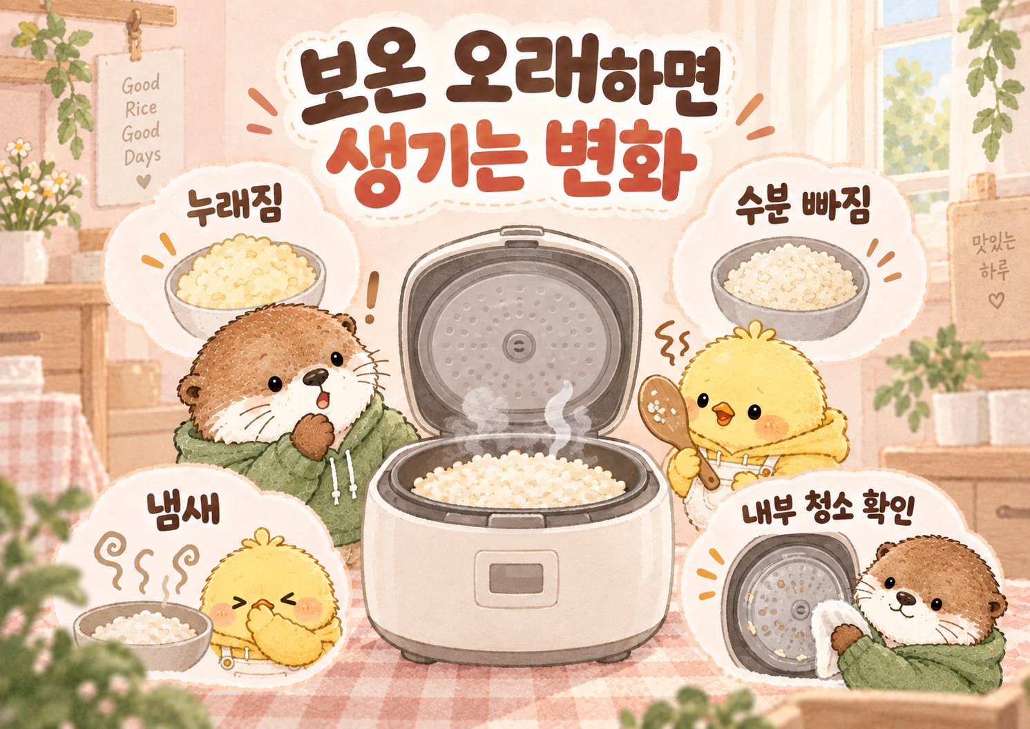 전기밥솥에 밥을 오래 보온했을 때 누래짐 냄새 수분 변화와 내부 청소를 설명한 이미지