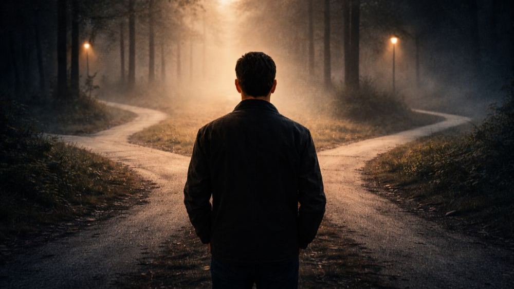 여러 방향으로 갈라진 길 앞에 서서 선택을 고민하는 인물의 뒷모습, 안개 낀 분위기의 갈림길 장면