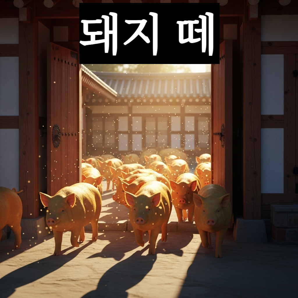 수십 마리의 건강한 황금 돼지 떼가 따사로운 햇살이 비치는 전통 한옥 대문을 통해 마당으로 활기차게 들어오는 풍요롭고 신비로운 일러스트