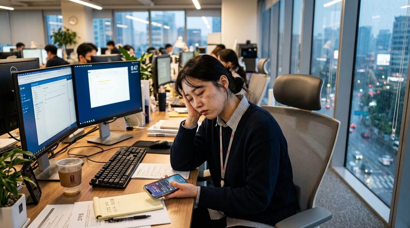 컴퓨터와 스마트폰 사용 후 피로를 느끼는 직장인